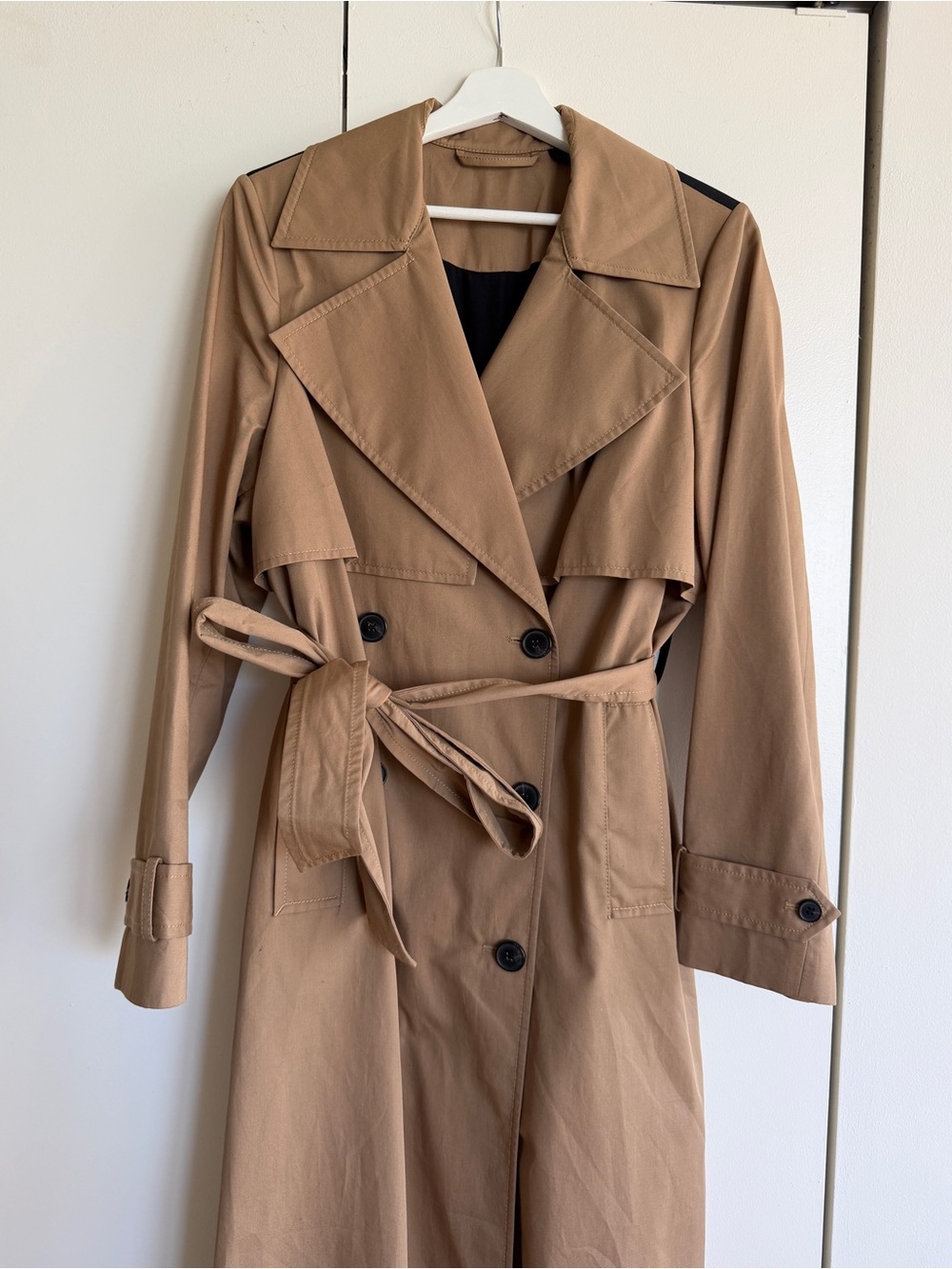 AllSaints Two-Tone Camel Black Belted Trench Coat
